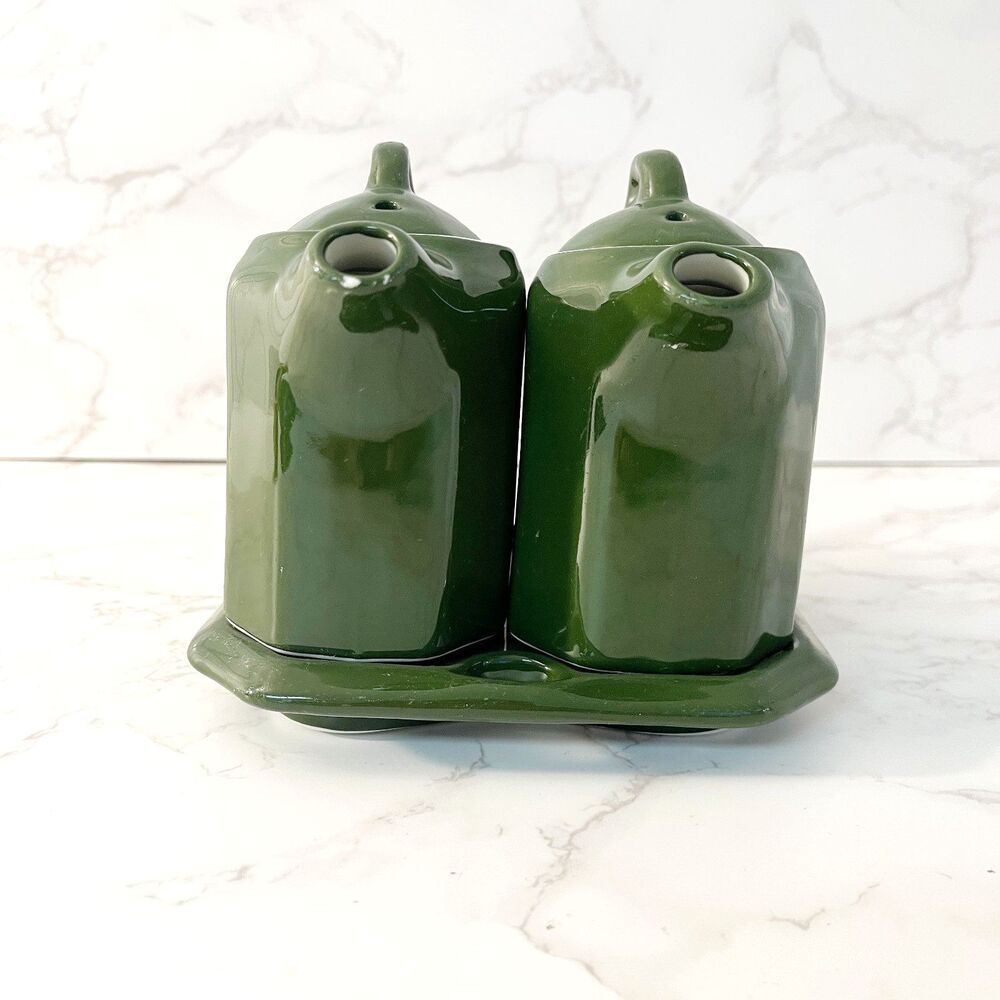 Vintage Lidded Shenango China Oil & Vinegar Cruet Set with Tray Forest Green